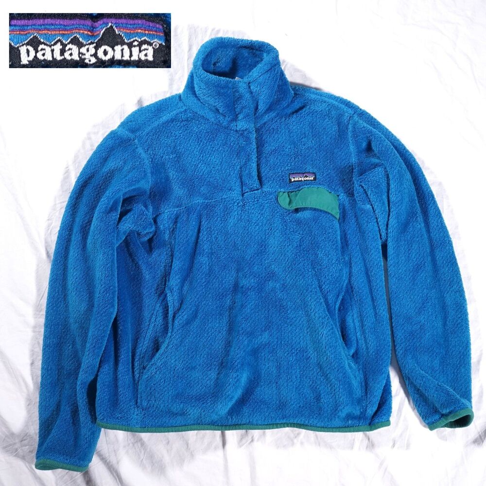 Patagonia Sherpa Snap Button Pullover Jacket Blue Green Womens Small